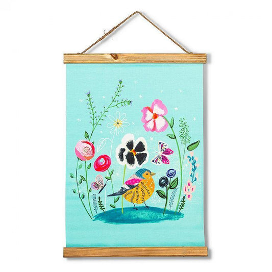 Whimsical Garden With Bird Wall Scroll Wall Decor