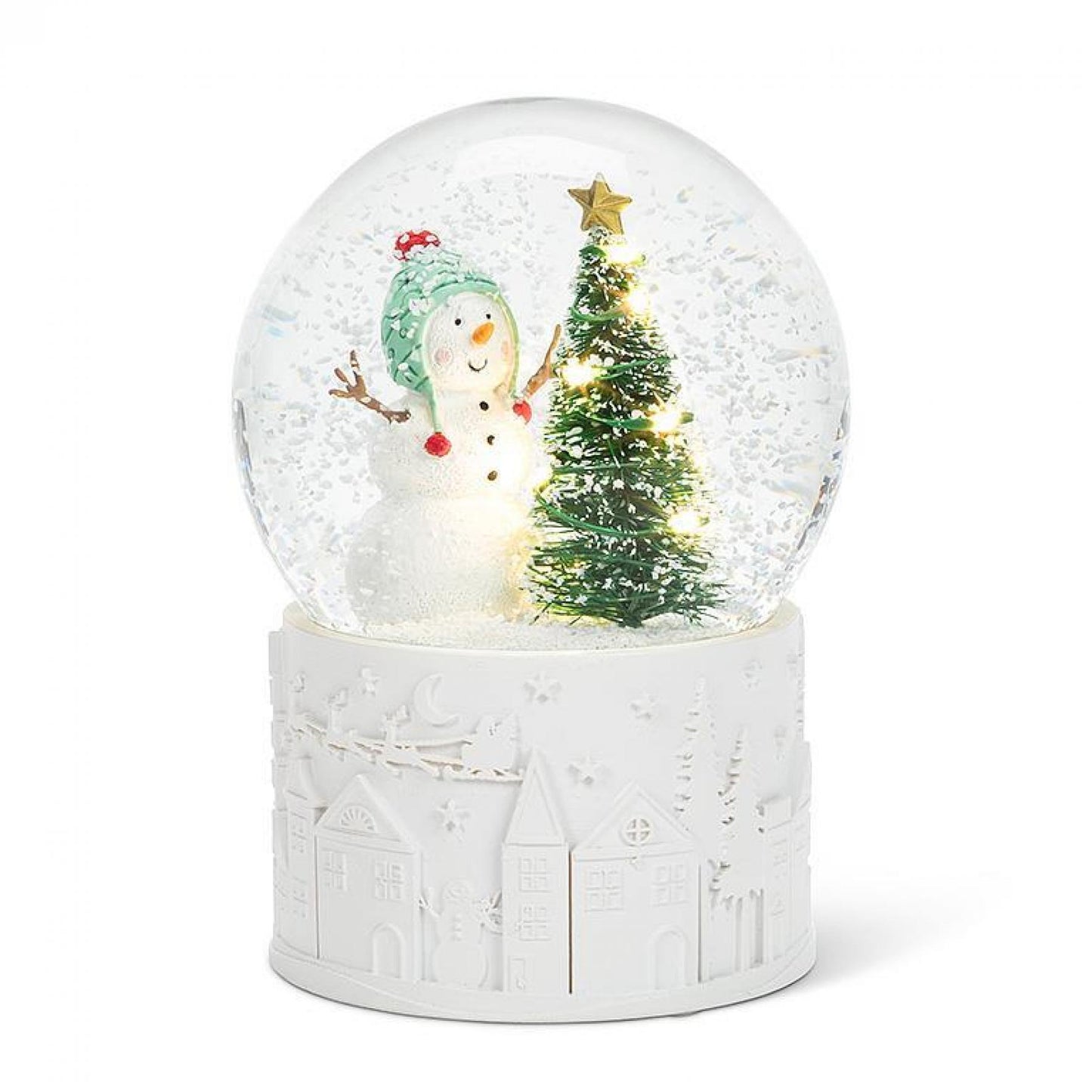 Snowman With Led Tree On A Christmas Village Scene Base Snow Globe