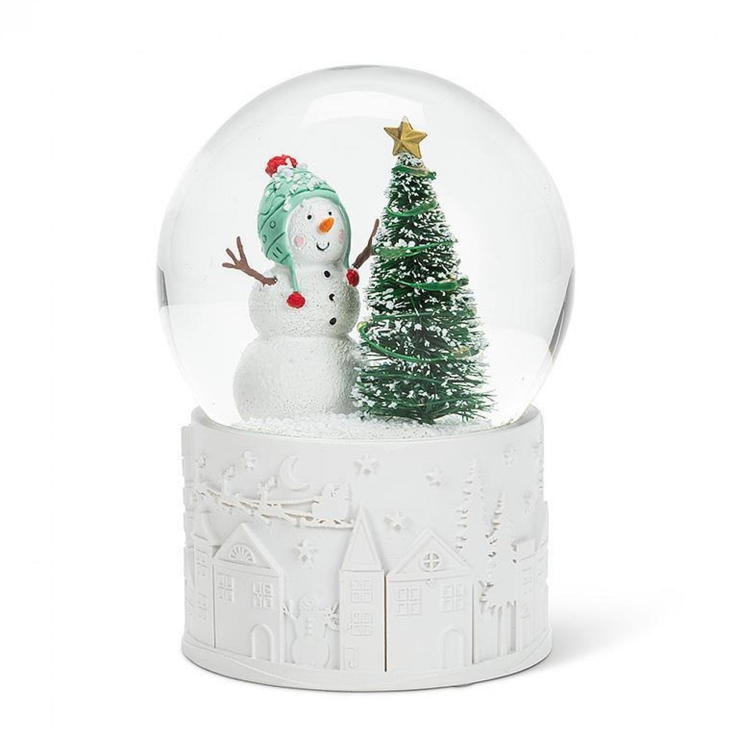 Snowman With Led Tree On A Christmas Village Scene Base Snow Globe