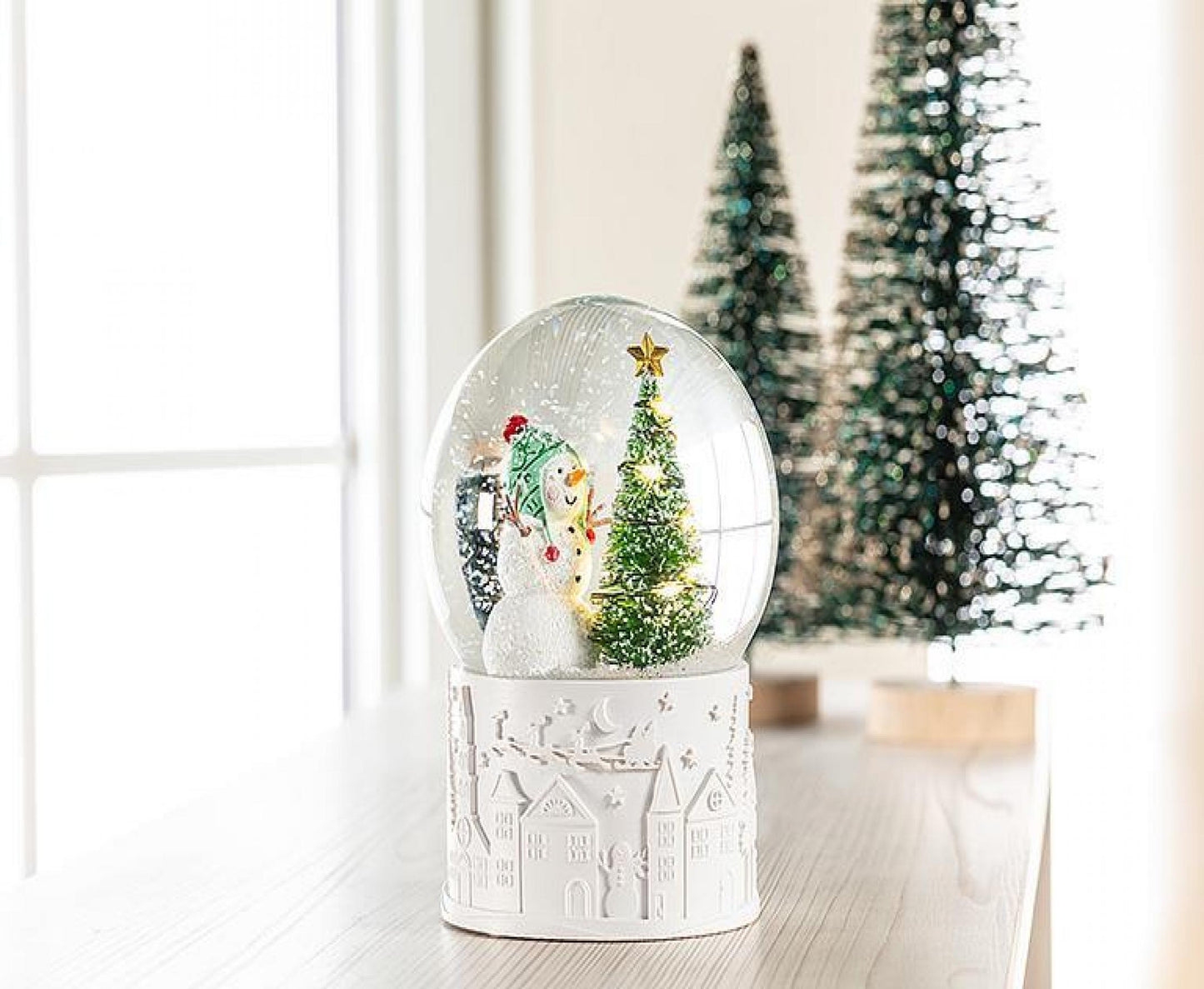 Snowman With Led Tree On A Christmas Village Scene Base Snow Globe