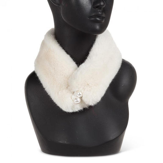 Ivory Faux Fur With Faux Pearls And Magnetic Clasp Scarf