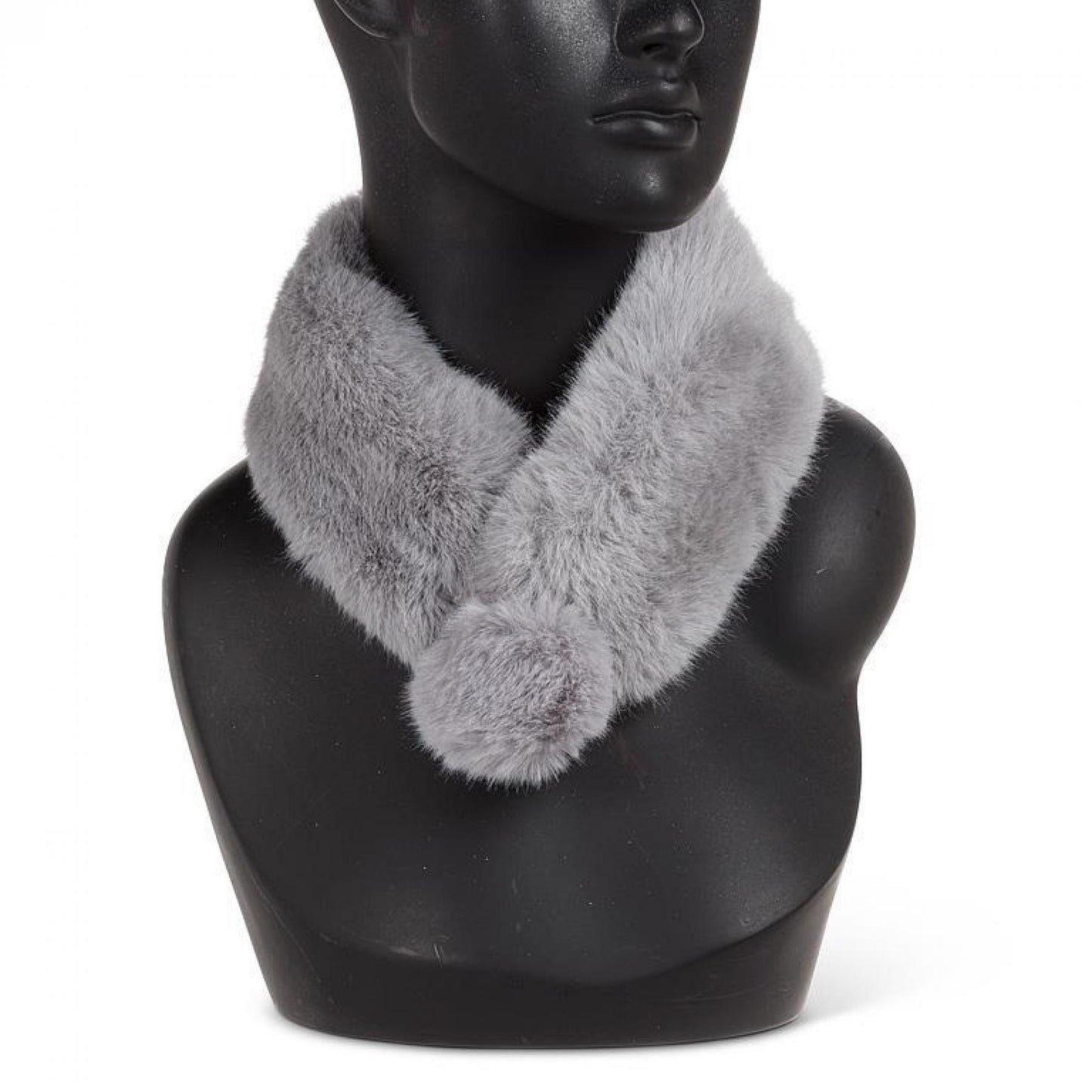 Gray Faux Fur With Pompom And Magnet Clasp Scarf