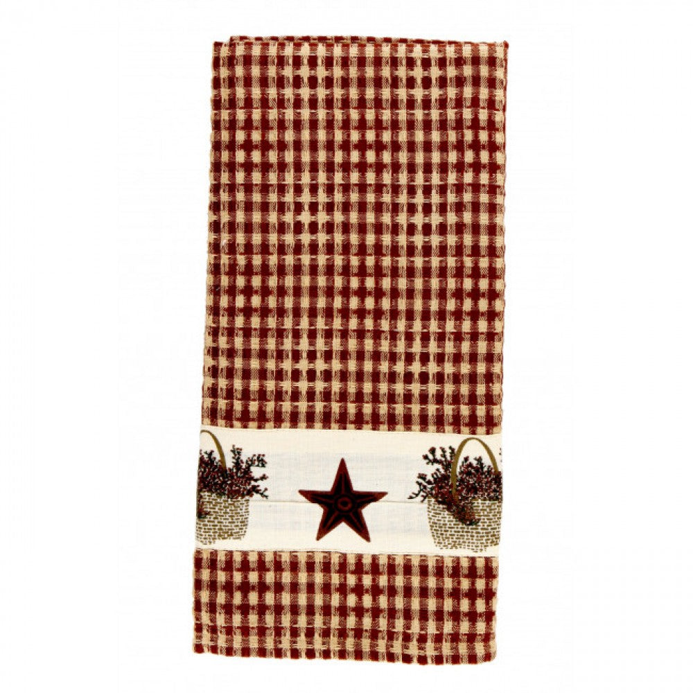 Burgundy Check With Star & Basket Trim Tea Towel