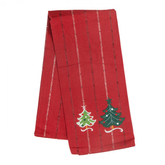 Christmas Trees On Striped Red Tea Towel