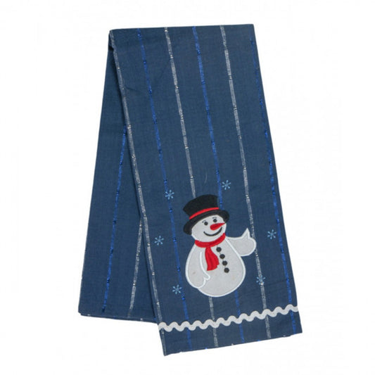 Snowman On Blue Stripes Tea Towel