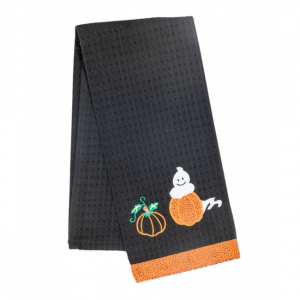 Halloween Pumpkin & Ghost On Black With Orange Trim Tea Towel