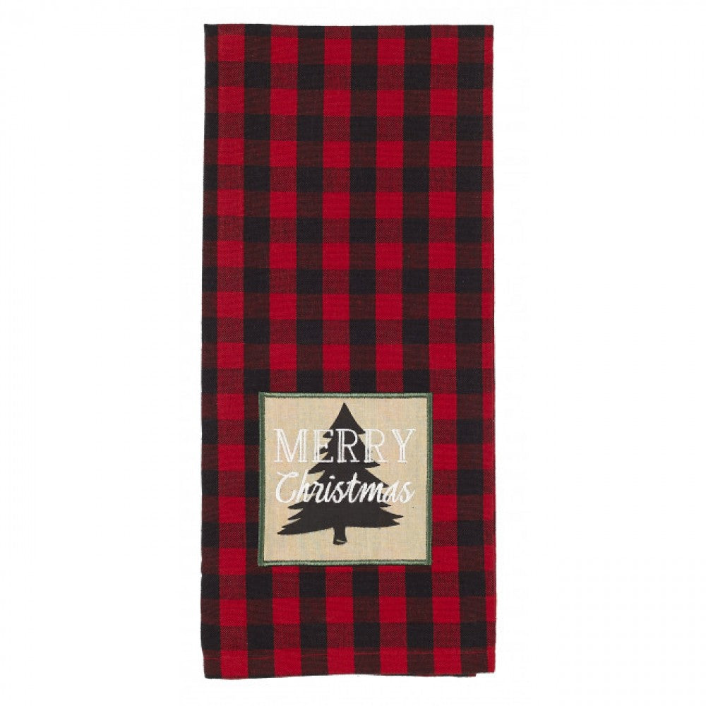 Red & Black Buffalo Check With Merry Christmas Tree Label Tea Towel