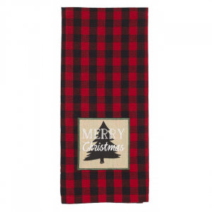 Red & Black Buffalo Check With Merry Christmas Tree Label Tea Towel