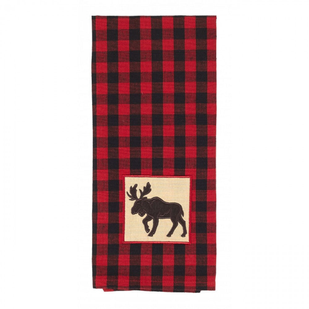 Red & Black Buffalo Check With Moose Label Tea Towel