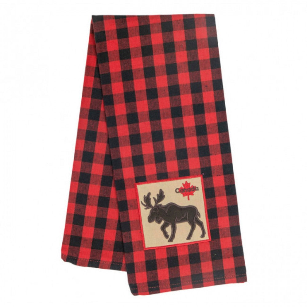 Honey Comb Weave Buffalo Red Plaid With Moose & Maple Leaf Tea Towel