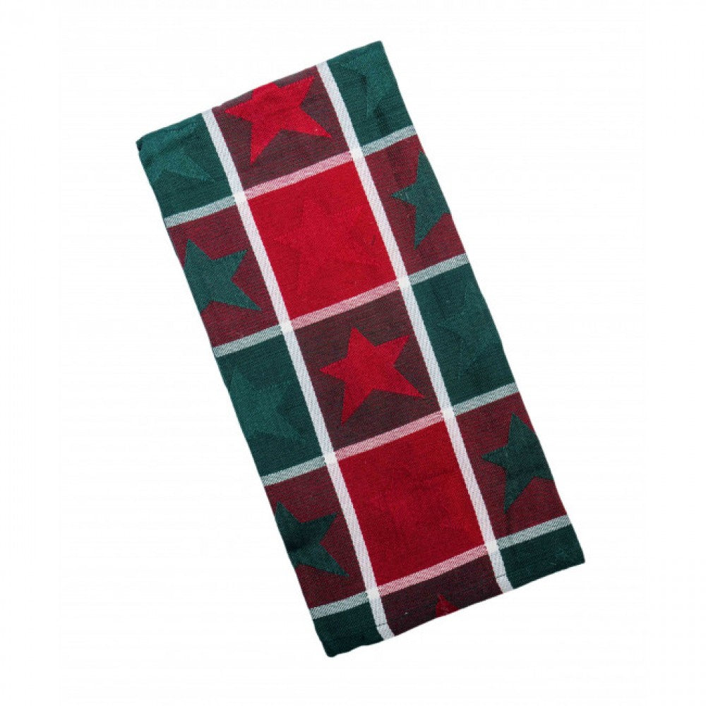 Star Pattern On Red And Green Checks Tea Towel