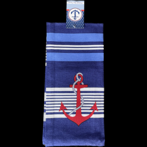 Red Anchor On Blue And White Stripes Tea Towel