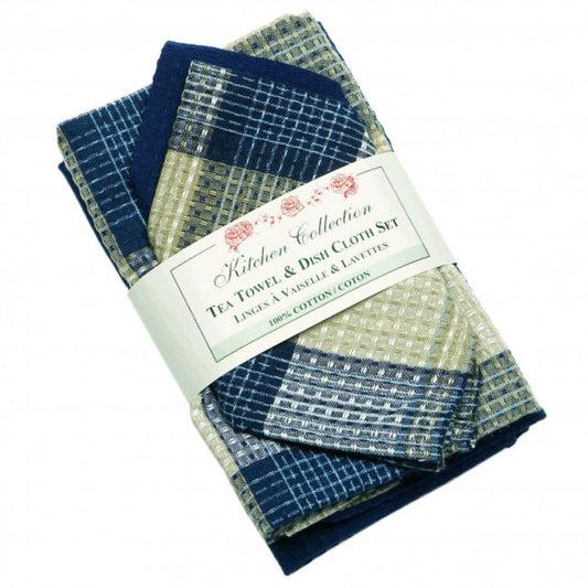 Sand Blue Check Pattern 2 Dish Cloths And 2 Tea Towel Set