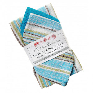 Turquoise Seaside Stripes 2 Dish Cloths And 2 Tea Towel Set