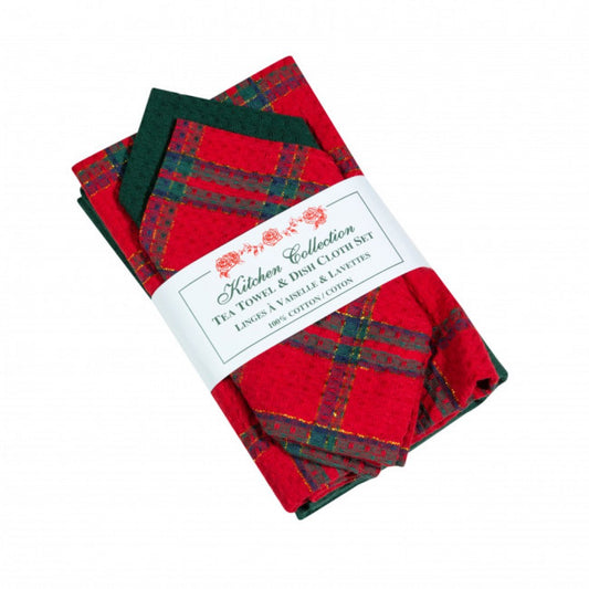 Belvedere Red Lurex Check 2 Dish Cloths And 2 Tea Towel Set