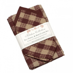 Burgundy Check 2 Dish Cloths And 2 Tea Towel Set