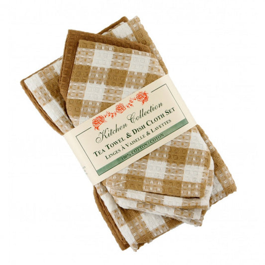 Toro Beige Check Pattern 2 Dish Cloths And 2 Tea Towel Set