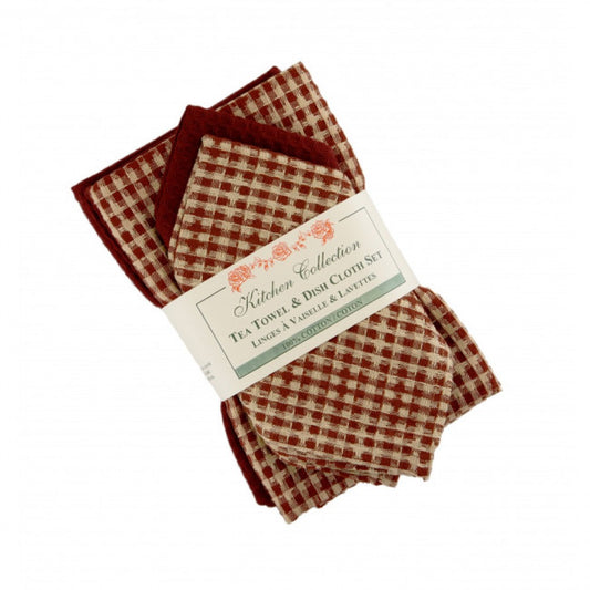 Berryvine Burgundy Check 2 Dish Cloths And 2 Tea Towel Set