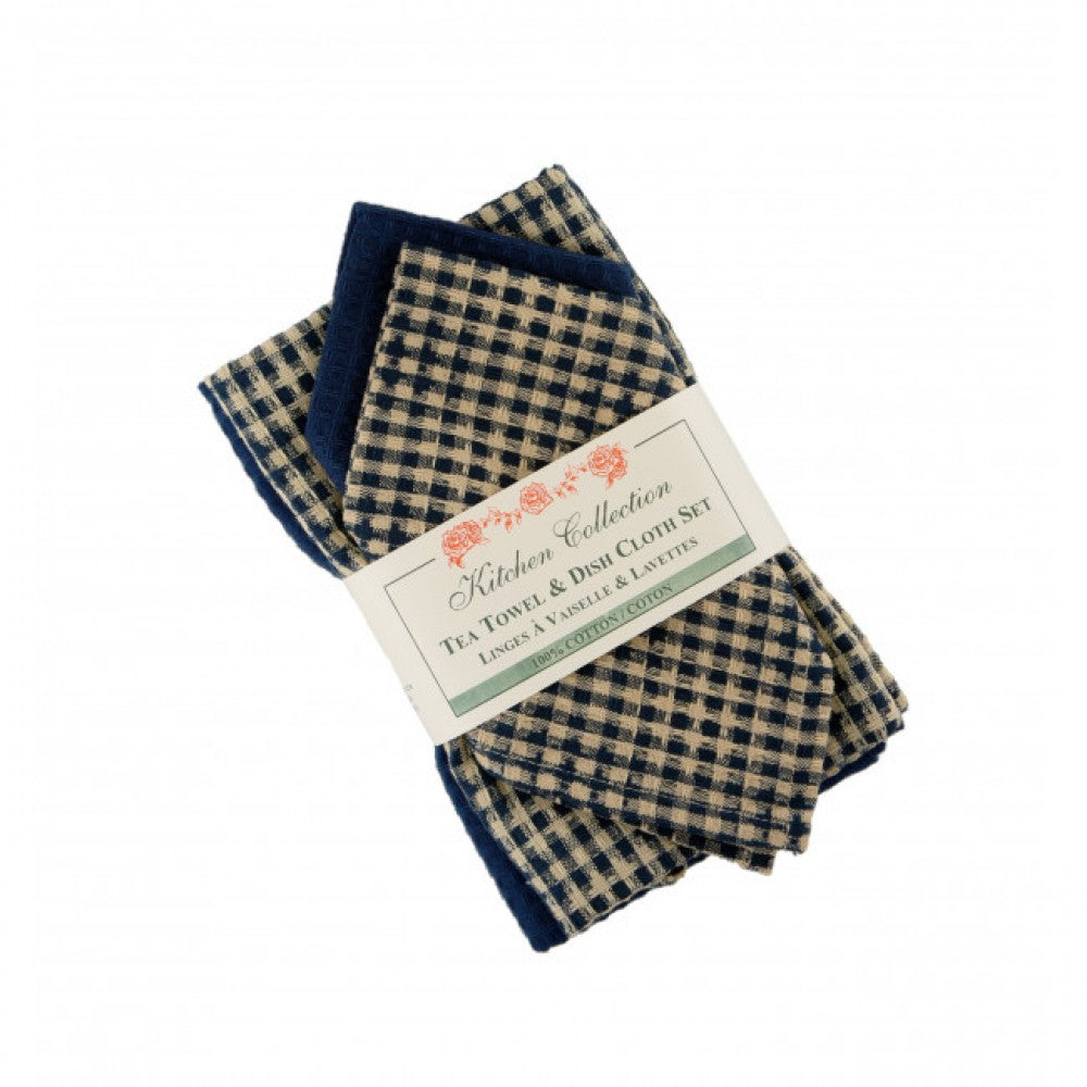 Berryvine Navy Blue Check 2 Dish Cloths And 2 Tea Towel Set