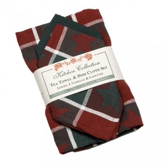 Christmas Stars Check 2 Dish Cloths And 2 Tea Towel Set