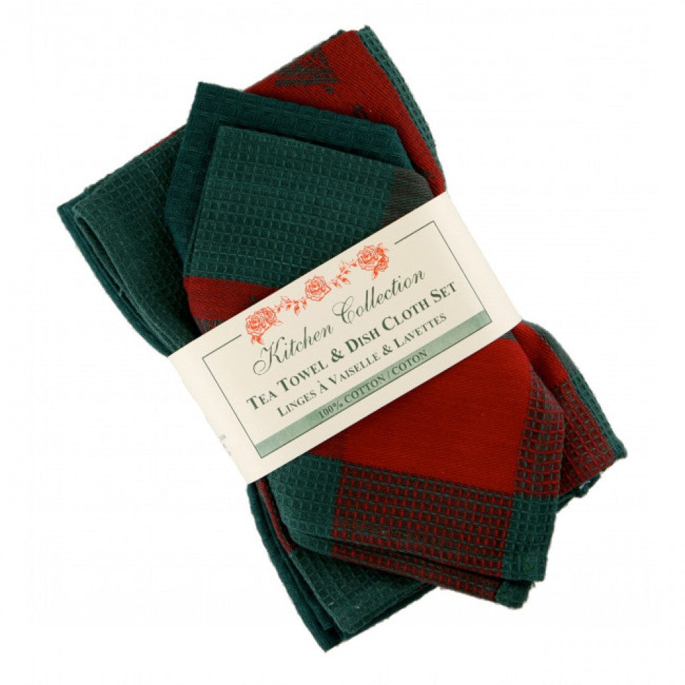 Christmas Bells Check 2 Dish Cloths And 2 Tea Towel Set