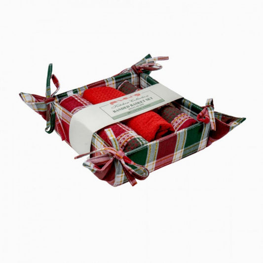 Santa Clara Check 3 Tea Towels And Bread Basket Set