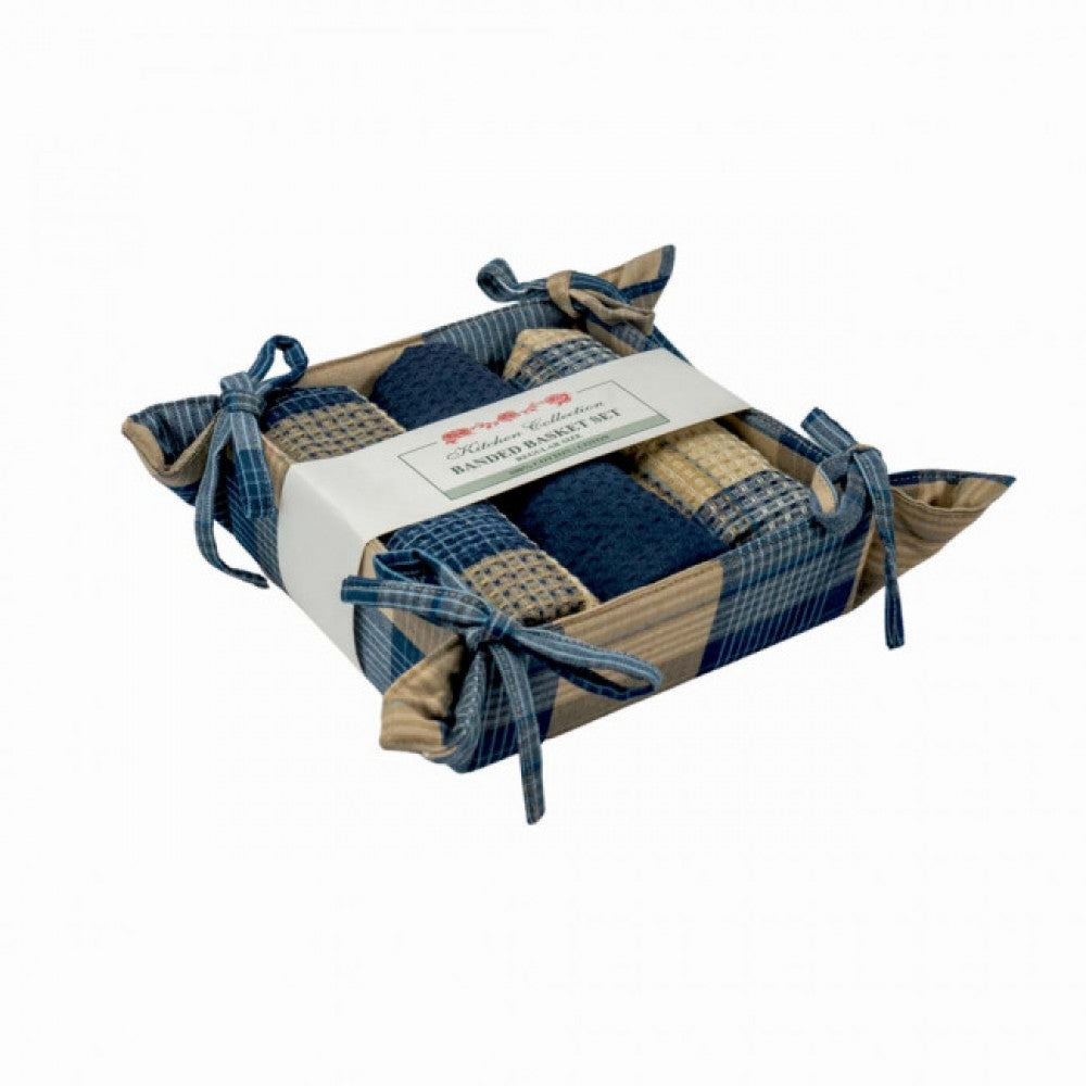 Sand Blue Check Pattern 3 Tea Towels And Bread Basket Set