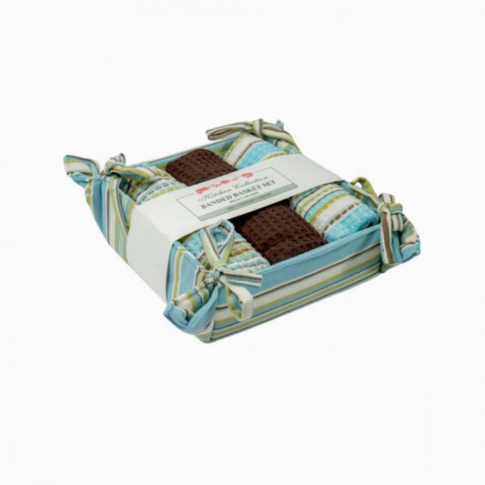 Seaside Stripes 3 Tea Towels And Bread Basket Set