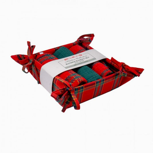 Belvedere Red 3 Tea Towels And Bread Basket Set