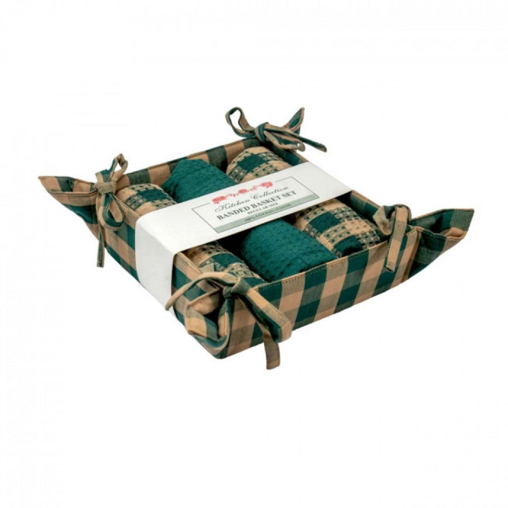 Green Check3 Tea Towels And Bread Basket Set