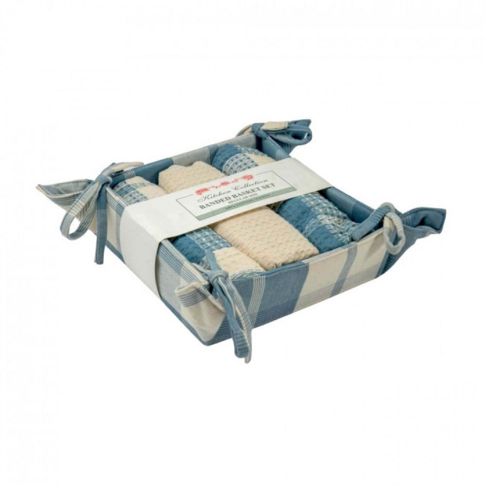 Meridian Check3 Tea Towels And Bread Basket Set