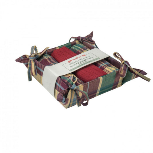 Kargil Check3 Tea Towels And Bread Basket Set