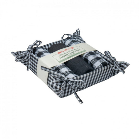 Toro Black Check Pattern 3 Tea Towels And Bread Basket Set