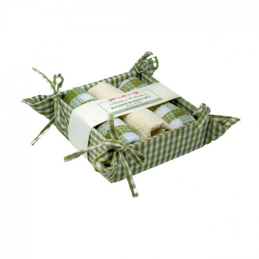 Toro Green Check Pattern 3 Tea Towels And Bread Basket Set