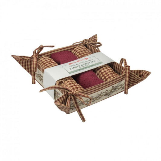 Burgundy Checks And Berry Vine Pattern3 Tea Towels And Bread Basket Set