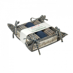 Navy Blue Checks And Berry Vine Pattern3 Tea Towels And Bread Basket Set