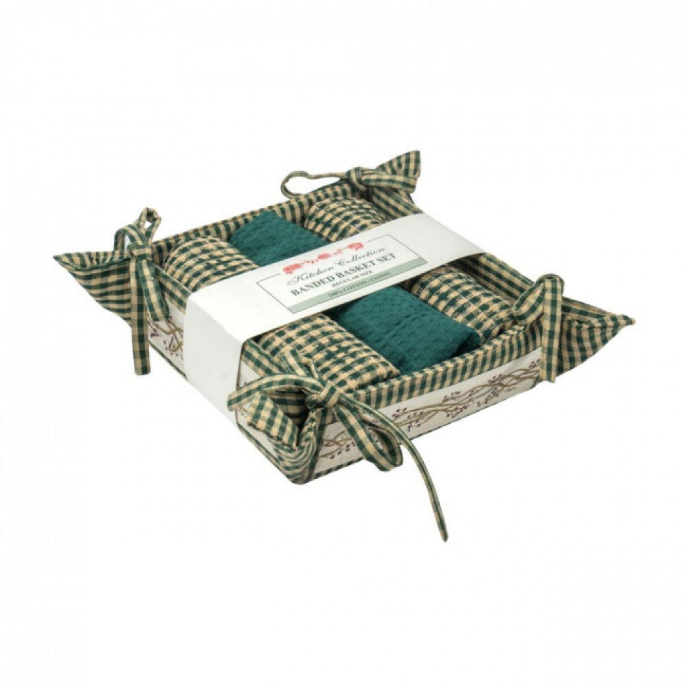 Green Checks And Berry Vine Pattern3 Tea Towels And Bread Basket Set