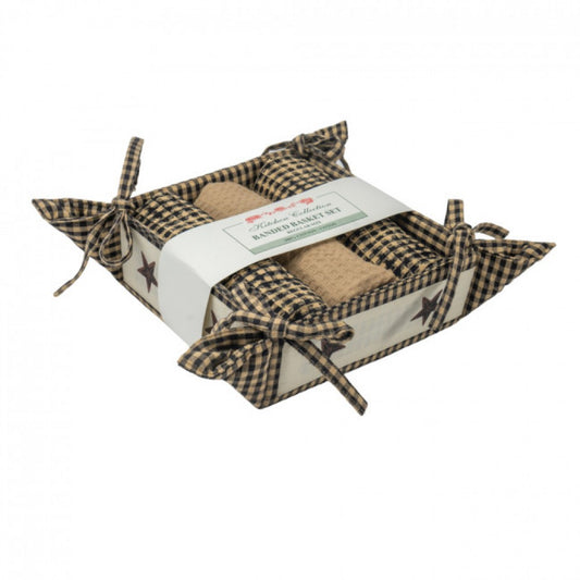 Black And Beige Checks With Stars Trim 3 Tea Towels And Bread Basket Set