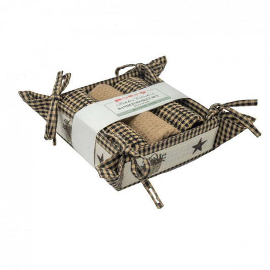 Black And Beige Checks With Stars And Basket Trim 3 Tea Towels And Bread Basket Set