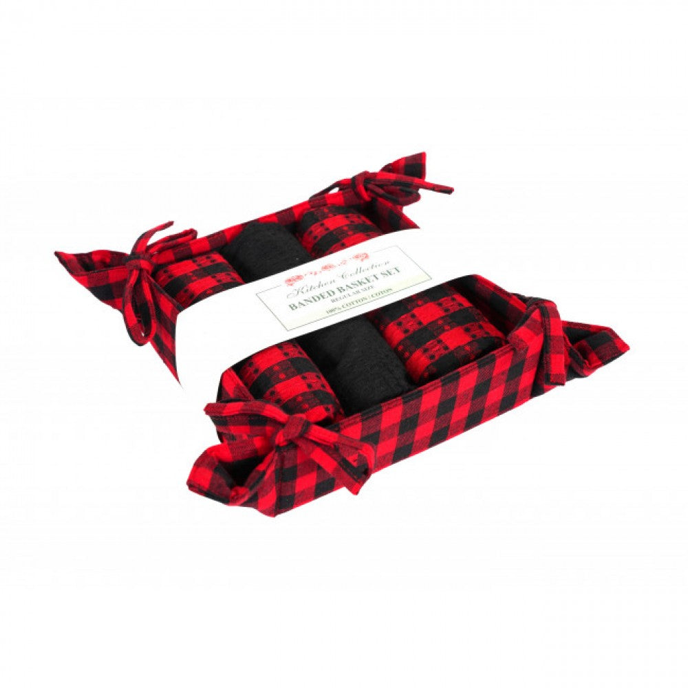 Buffalo Red Plaid 3 Tea Towels And Bread Basket Set