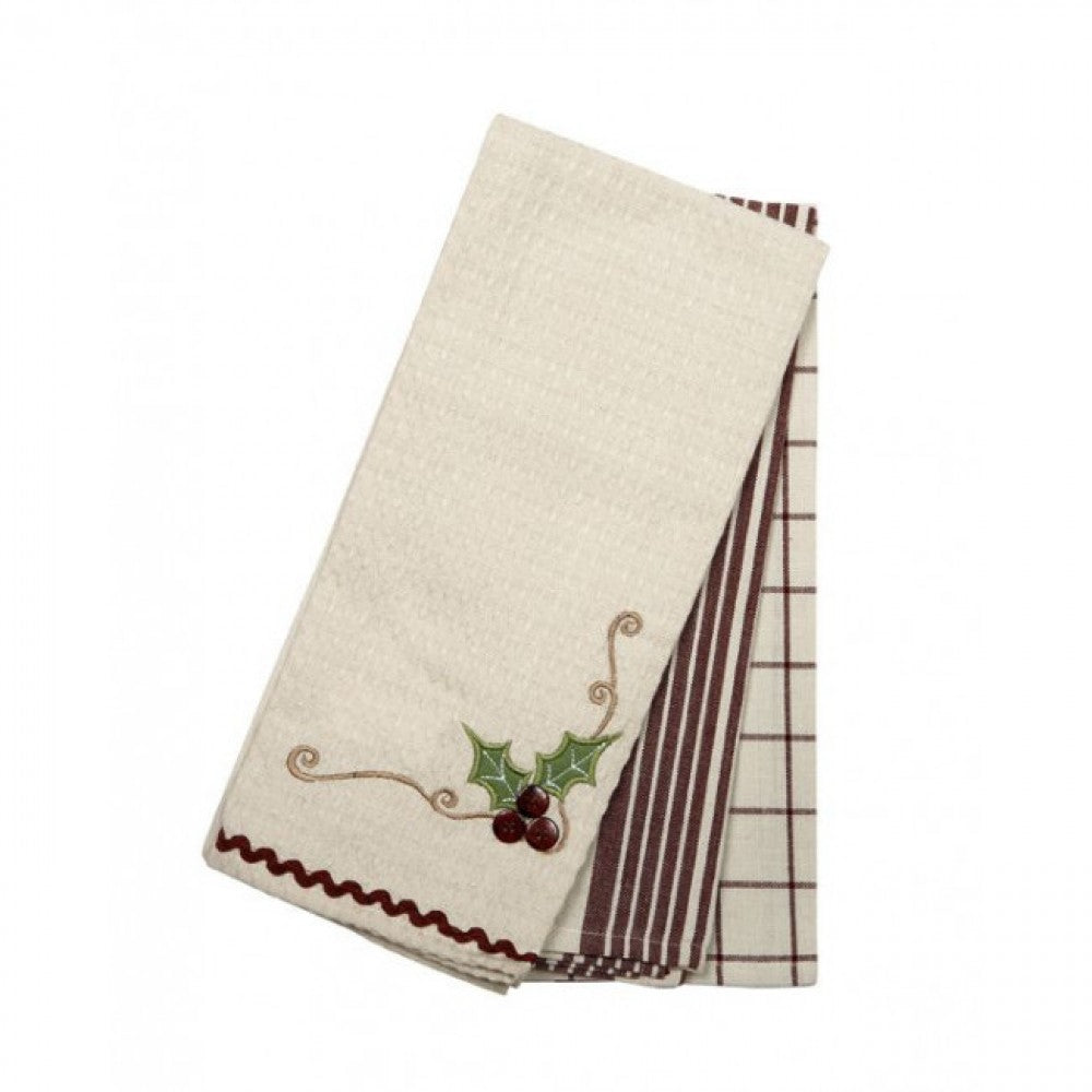 Set Of 3 Holly Dot; Stripes And Checks Pattern Tea Towels