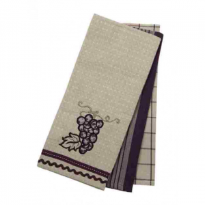 Set Of 3 Grapes; Stripes And Check Pattern Tea Towels