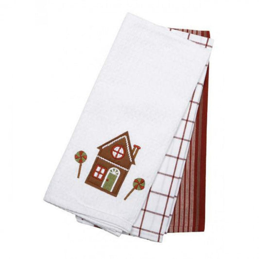 Set Of 3 Ginger Bread House; Stripes And Check Patterns Tea Towels