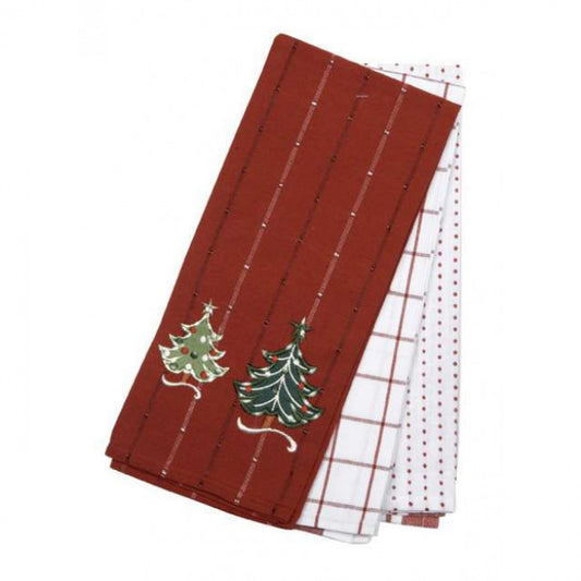 Set Of 3 Christmas Trees; Checks And Dots Pattern Tea Towels