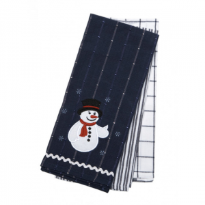 Set Of 3 Snowman; Stripes And Check Pattern Tea Towels