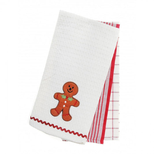 Set Of 3 Ginger Bread Bo;y Stripes And Check Patterns Tea Towels