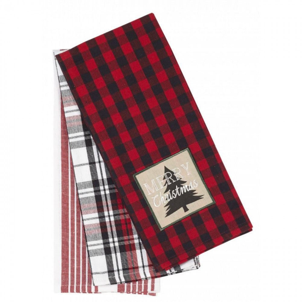 Set Of 3 Buffalo Red Merry Christmas; Checked And Stripe Pattern Tea Towels