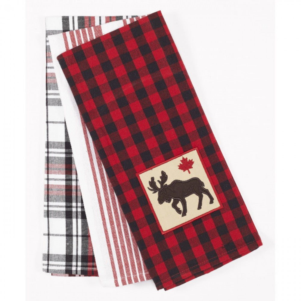 Set Of 3 Buffalo Check Red Plaid And Stripes Pattern Tea Towels