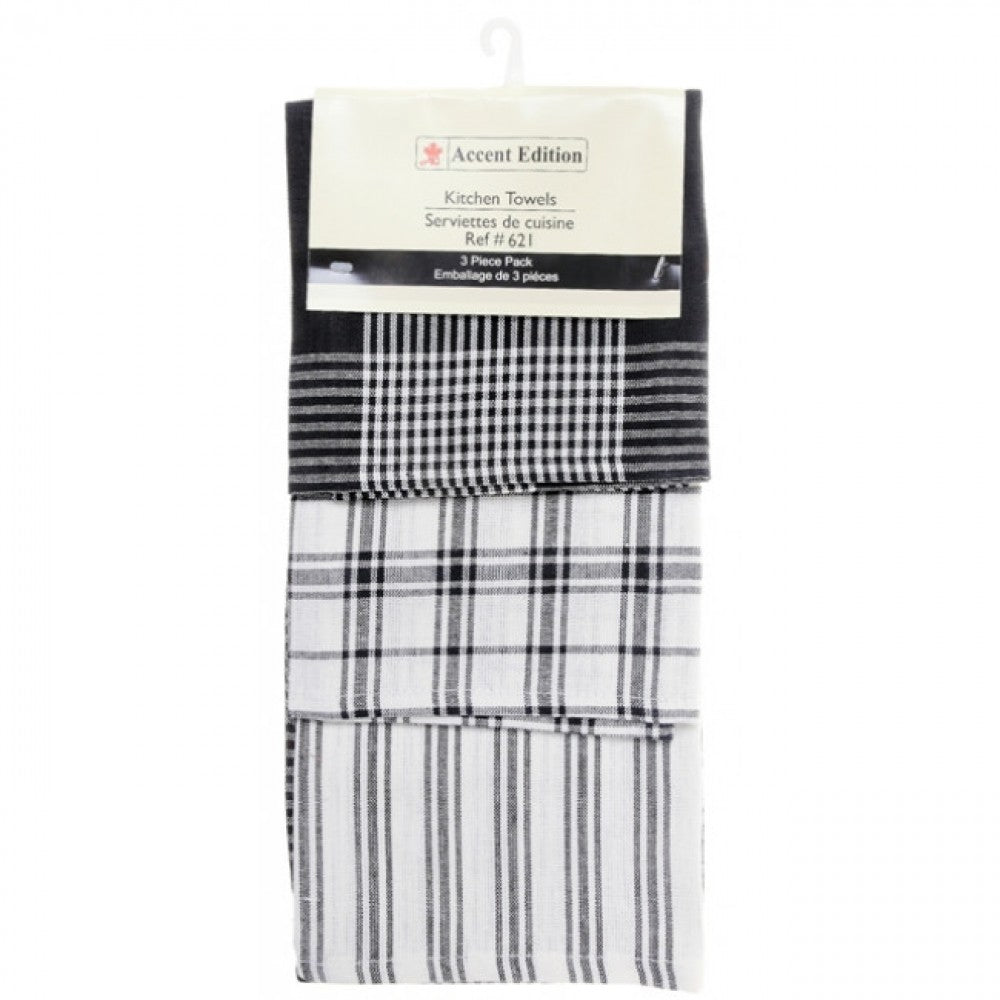 Set Of 3 Black And White Pattern Tea Towels