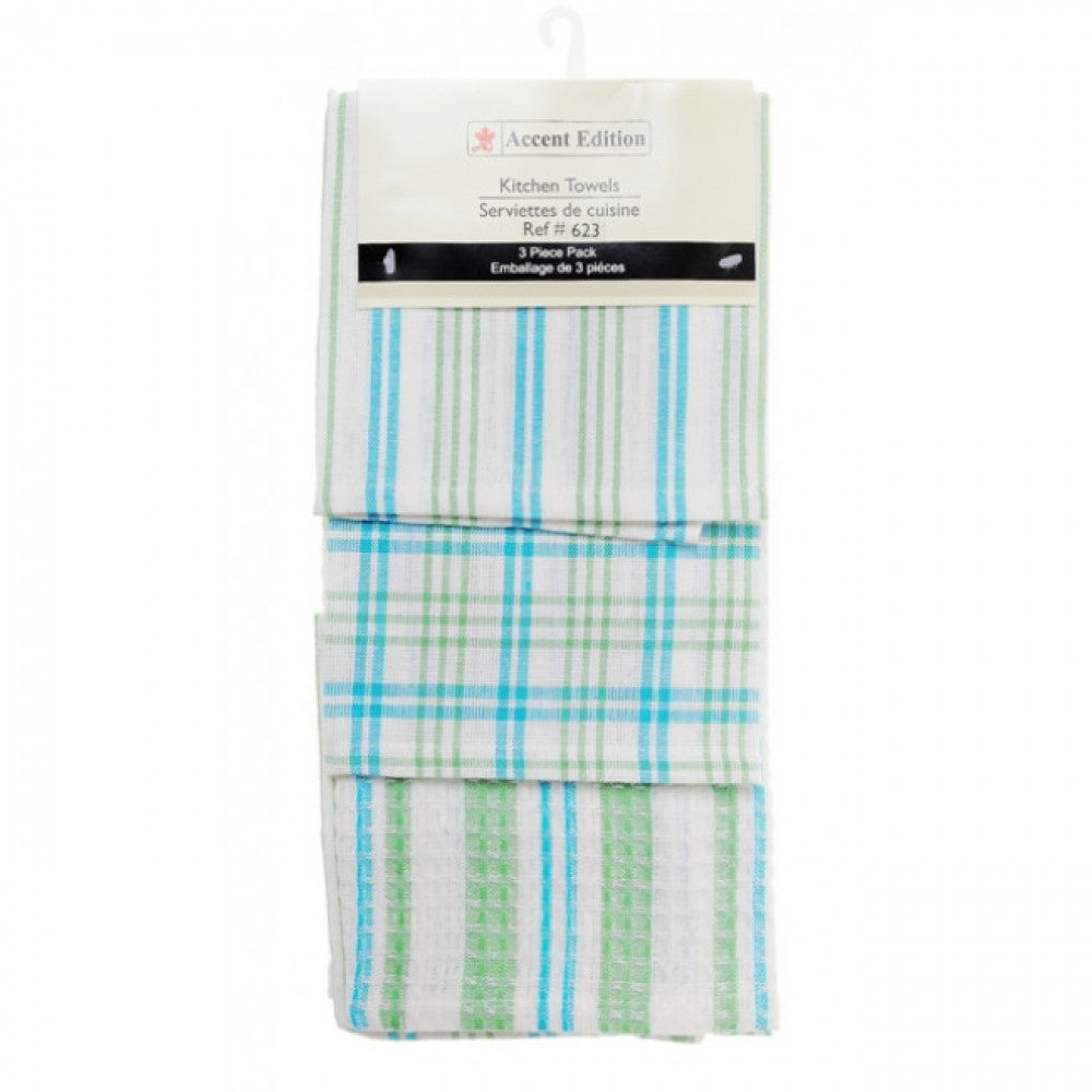 Set Of 3 Mid Blue Plaids And Stripe Pattern Tea Towels